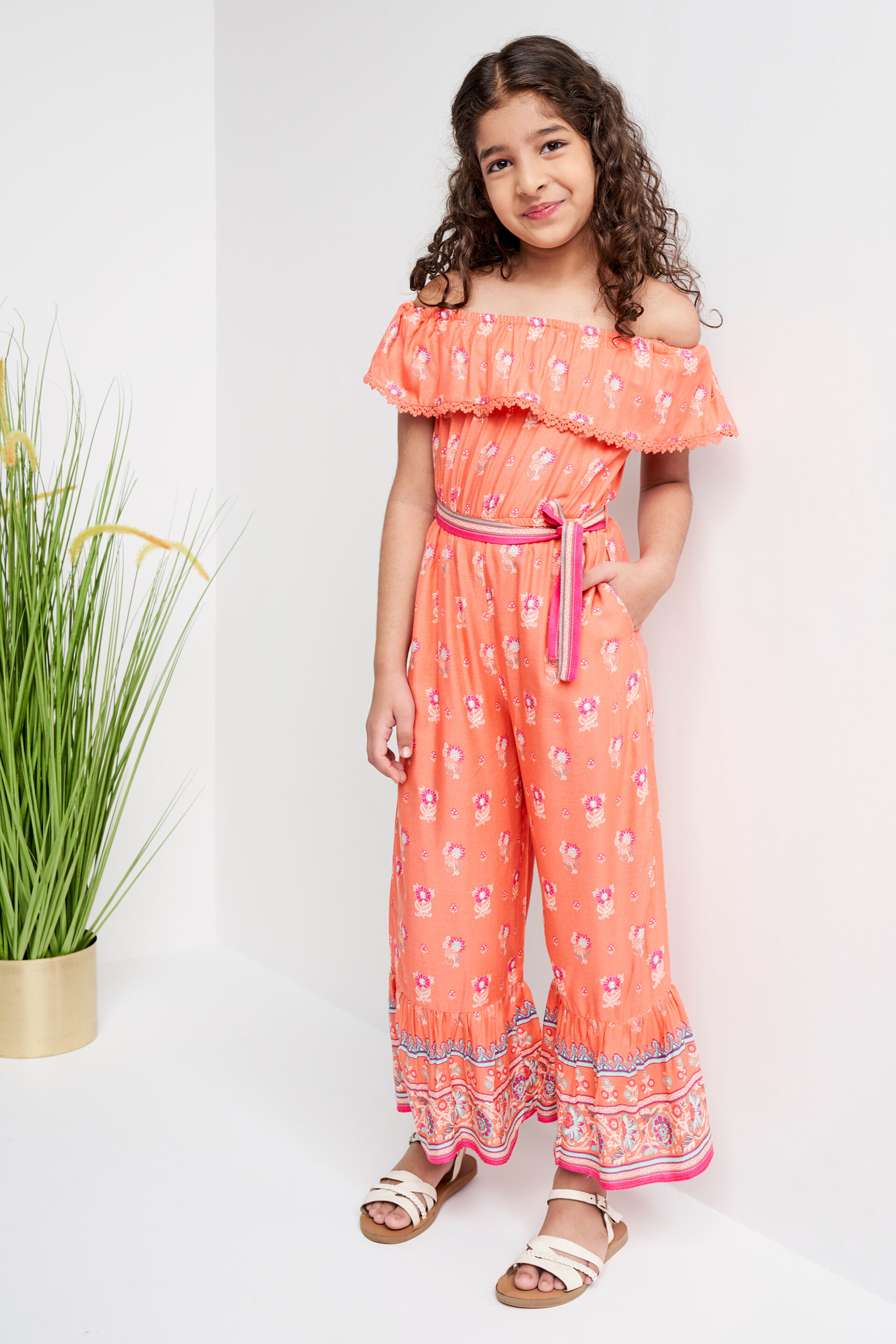 Coral Self Design Flounce Jumpsuit, Coral, image 2